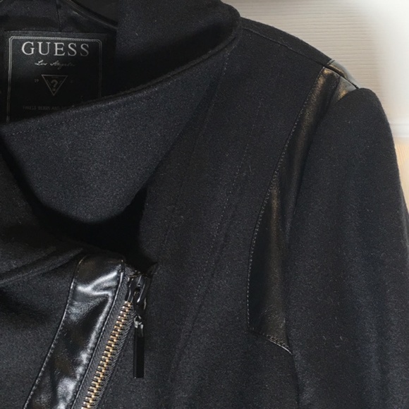 Guess Black Wool/Leather Moto-Zip Coat - Picture 3 of 8